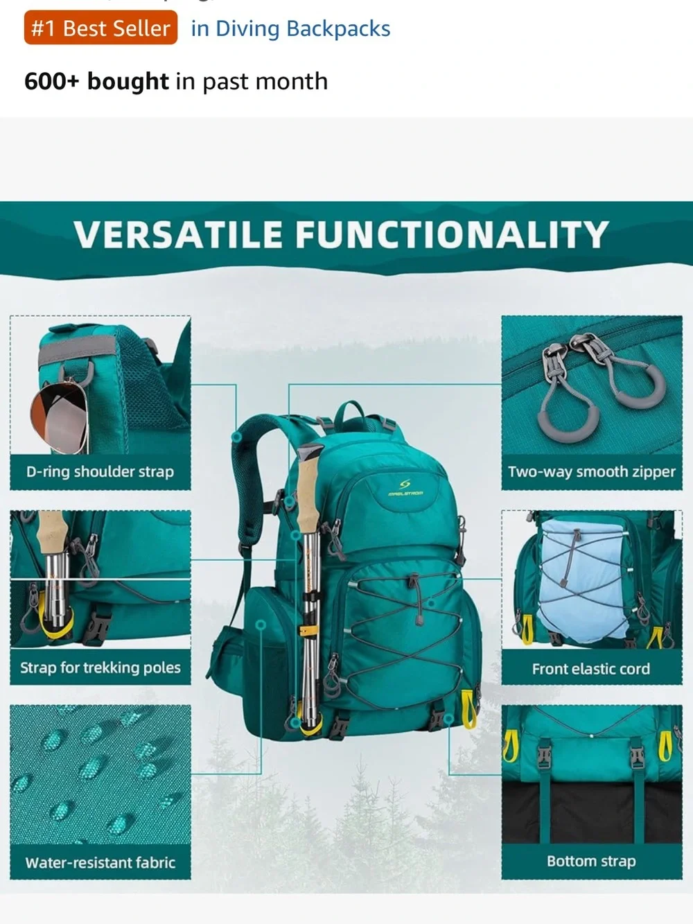 Teal 40L Hiking Backpack - Lightweight Outdoor Daypack